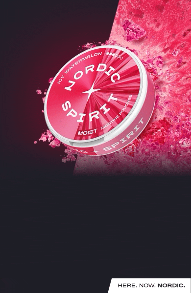A frozen can of Icy Watermelon nicotine pouches in front of a pink and black background with small, exploding ice shards.
