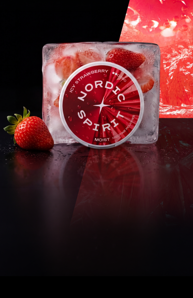 Can of Icy Strawberry nicotine pouches in front of a block of ice with strawberries encased inside.